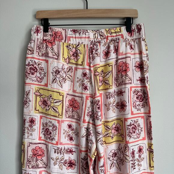 Women's Pants Linen Wide Leg Pink Floral Flowy Pull-on Elastic Waist Eurogirl - Picture 6 of 12